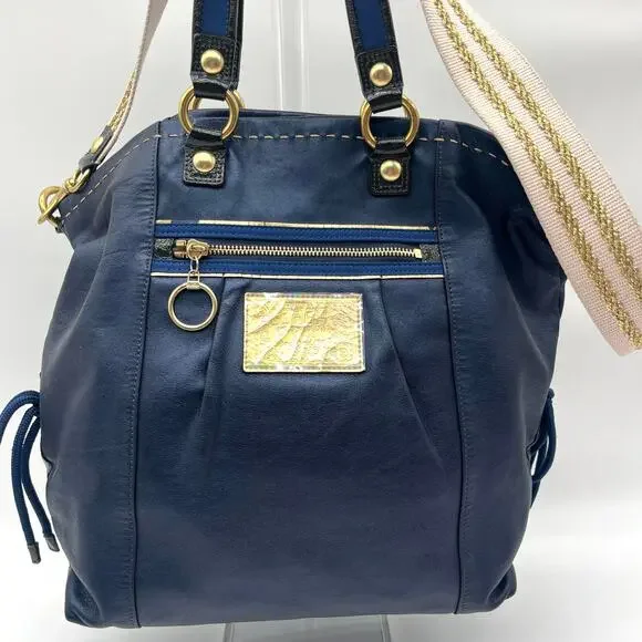 Coach Poppy Leather Tote Bag, Blue, Cinched Sides - Picture 5 of 11